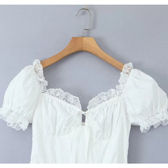 LIZAKOSHT - Sexy Off Shoulder Elegant White Dress For Women Sweet Lace Trim Short Sleeve Female Slit Hem Midi Party Dresses Summer Robe