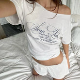 LIZAKOSHT - Off Shoulder T-Shirts Women's Loose Fit American Streetwear Top Sleeve Casual T with Letter Summer Y2K O-Neck Blouses