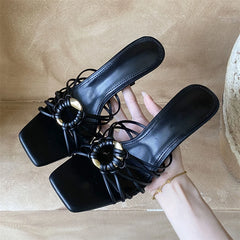 LIZAKOSHT - Fashion Metal Decoration Narrow Band Women Slippers Summer Square Toe Thin Heels Party Dress Ladies Shoes