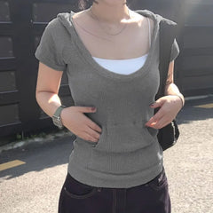 LIZAKOSHT  -  Pockets Hooded Top Retro Street Style Short Sleeve Hoodie T-shirts Summer Casual Basic Slim-fit Loose Crew Neck Tees