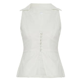 LIZAKOSHT  -  Women Casual V-neck Buttons Sleeveless Shirt Vest Minimalist Office Wear Lady Waistcoat Fashion Elegant White Tanks