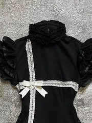 LIZAKOSHT  -  Goth Lace Dress Y2k Sweet Slim Womens Punk Bow Vintage Short Sleeve Lolita 2000s Kawaii Harajuku Summer Mini Dresses Emo Grunge