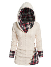 LIZAKOSHT - Twisted Cable Knit Plaid Print Hooded Sweater Mock Button Ruched Shawl Neck Sweater