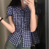 LIZAKOSHT - Retro Blue Checkered Short Sleeved Waist Up Shirt for Women with Bubble Sleeves and A Lapel Top