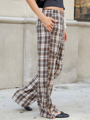 LIZAKOSHT - Vintage Brown Plaid Pants for Women Sweet Casual Chic Trousers Y2K Streetwear Loose Bottoms Fashion Harajuku HomePants
