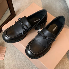 LIZAKOSHT - Retro Fashion Chunky Heel Loafers Women Bowknot Round Toe Comfort British Style Casual Soft Leather Shoes Zapatos De Mujer