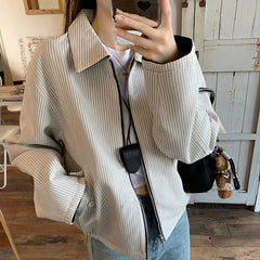 LIZAKOSHT  -  Reversible Jacket Women Spring Fall Simple Vintage Striped Baseball Zipper Chic Golf Outwear Harajuku Classic Commute Tops