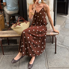 LIZAKOSHT - Polka Dot Print Sexy Long Dress Vintage Backless Hight Waist Draped Party Dresses Women's V-Neck Sleeveless Suspender Dress
