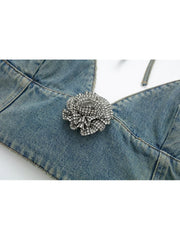 LIZAKOSHT - Women Blue Backless Denim Camis Summer Vintage Ladies Halterneck Sleeveless Solid Color Camis Female Crop Tops
