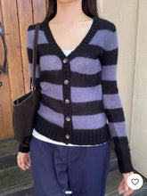 LIZAKOSHT - Vintage Black Striped Sweater Cardigan Woman V-neck Single Breasted Long Sleeve Cotton Thin Sweaters Autumn Casual Slim Knitwear