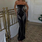 LIZAKOSHT - Casual Sparkle Off-shoulder Sexy Maxi Dress New Women's Strapless Sleeveless Backless Bodycon Sequins Party Long Dresses