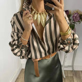LIZAKOSHT  -  Turn-Down Collar Simple Fashion Cardigan Shirts, Women Autumn Winter Long Sleeve Striped Blouses, New Patchwork Loose Ladies Top