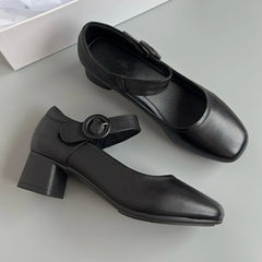 LIZAKOSHT - French Style Fashion Square Heel Shoes Women Genuine Leather Vintage Mary Jane Shoes Women