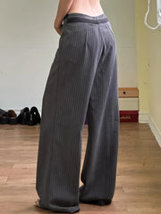 LIZAKOSHT - Elegant Fashion Striped Straight Pants Office Ladies Casual Loose Patchwork Wiede Leg Pants Women 2024 Summer Streetwear