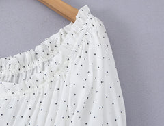 LIZAKOSHT - Dot Print Wood ears Ruched Chest Bow U collar Puff Sleeve Dress Elastic High Waist Pleated Swing Midi Dresses Holiday Robe