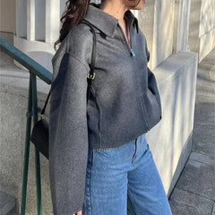 LIZAKOSHT - Fashion Zipper Woolen Blend Coat for Women Autumn Winter Brown Lapel Long Sleeve Cropped Coats Lady High Street Outwear