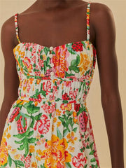 LIZAKOSHT - Vintage Floral Print Long Maxi Dress for Women Sleeveless Strap Ruched Buttons Up High Waist Beach Dress Vestido