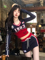 LIZAKOSHT - Y2k Aesthetic Streetwear T Shirts Women American Retro Sexy Coquette Striped Patchwork Slim Tees Tops E-girl Autumn
