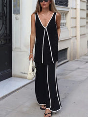 LIZAKOSHT - Clashing Colors Tank Tops And Pant 2 Piece Sets For Women Fashion V Neck Sleeveless Pullover Top Lace Up Loose Pant Suit