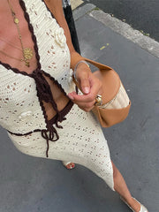 LIZAKOSHT - Women Vest Suit Lace Up Sleeveless Dress Set Hollow Out Knitted Rose Sexy Dresses Mesh Mermaid Skirt 2 Pcs Split Women Clothing