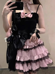 LIZAKOSHT - Harajuku Sweet Lolita A-line Skirt for Women Y2k High Waist Ruched Lace Cake Skirts Summer New Pink Faldas Mujer