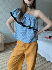 LIZAKOSHT - Gentle Stripes Women Tops Slash Neck Ruffles Chic Mujer All Match Summer OL Loose New Slim Daily Sexy Holiday
