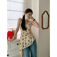 LIZAKOSHT - Y2K Floral Tank Top Women Vintage Asymmetrical Print Camis Summer Streetwear Korean Sexy V Neck Lace Spaghetti Strap Tops
