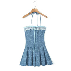LIZAKOSHT - Summer 2024 Elegant White Lace Patchwork Denim Women's Dress Sexy Halter Strapless Hem Pleated Mini Dress