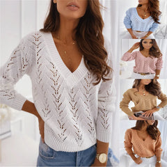 LIZAKOSHT - Women's Solid Color Hollow V-neck Knitted Sweater Pullover Top