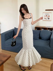 LIZAKOSHT - Vintage Polka Dot Print Long Dress Vintage Spliced Lace Collar Strap Mermaid Dress Ruffles Hem Sexy Beach Robe Holiday