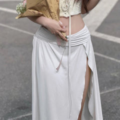 LIZAKOSHT - Ruched Long Skirt Women y2k Clothes Solid Color Ruched Waist Side Split Skirt Skirt Summer Party Skirts Streetwear