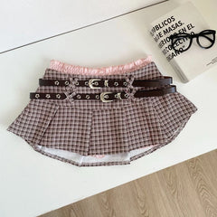 LIZAKOSHT - Aesthetic Designer Low-waisted Pink Plaid Short Skirt Women Hot Girl Y2k Double Belt Package Hip Thin Bouffant Skirts Outfits