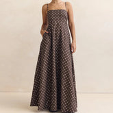 LIZAKOSHT - Women Vintage Maxi Dress Dot Print Sleeveless Spaghetti Strap A Line Dress with Pockets Elegant Backless Long Dress