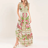 LIZAKOSHT - Sexy V-neck Women Vacation Long Dress Summer Casual Sleeveless Hight Waist Party Dress Elegant Print Draped Bow Maxi Dress
