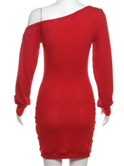 LIZAKOSHT - Autumn Hipster Inclined Shoulder Mini Dress Casual Street Outfits Women 2024 Fashion Rivet Long Sleeve Bodycon Red Dress