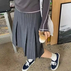 LIZAKOSHT - Women's Skirts Harajuku Fashion High Waist Gray Striped Pleated Skirt JK Female Clothes Office Lady Japanese School Uniform
