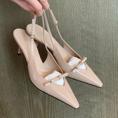 LIZAKOSHT - Women Nude Pink Leather Pointed Toe Thin Heel Sandals Summer Delicate Butterfly Knot Fairy Style Comfortable Wedding Dress Shoes