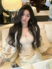 LIZAKOSHT - Autumn Lantern Sleeve Bodycon Dresses for Women Lace V-neck Slim Waist Mermaid Wedding Evening Party Dress Female Vestidos New