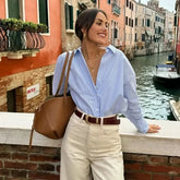 LIZAKOSHT  -  Tops Shirts Spring Women's 2025 New Chic Striped Elegant Loose V-neck Women's Shirts Street Casual Fashion Youth Office Blouses