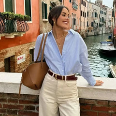 LIZAKOSHT  -  Tops Shirts Spring Women's 2025 New Chic Striped Elegant Loose V-neck Women's Shirts Street Casual Fashion Youth Office Blouses