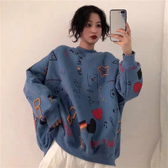 LIZAKOSHT - Harajuku Graffiti Women Sweatshirts Fall Winter Thick Vintage Sweet Preppy Pullovers Korean Loose Casual Print Long Sleeve Tops