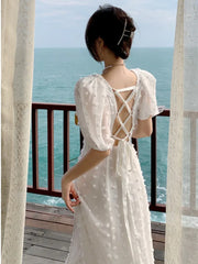 LIZAKOSHT - Women Summer White Backless Square Collar Dress Female Puff Sleeve Split Beach Dress Vestidos Simple Party Dress