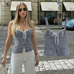 LIZAKOSHT - High Streetwear Vintage Sexy Summer T-shirt Women Holiday Beach Blue White Plaid Camisole Tank Tops