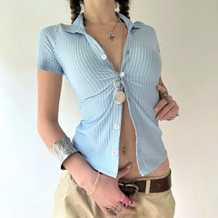LIZAKOSHT - Shirt Striped Buttoned Polo Collar Blue Basic Slim Fit Thin Top American Hot Girl Shows Her Figure Sexy Trendy T