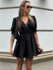 LIZAKOSHT - Summer Black V-Neck Mini Dress For Women Ruffled High Waist Slim Commute Elegant Party Dress Female Solid Bodycon Dress