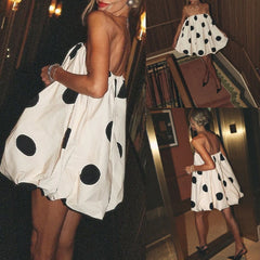 LIZAKOSHT - Summer Off Shoulder Strapless Dot Printing A-line Mini Loose Dresses Women Fashion Cute Club Elastic Robes