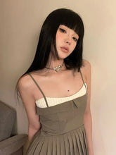 LIZAKOSHT - Pleated Sling Dress Patchwork A-Line Short Skirt Brown The Waist A Line Ballet Strap Dress Super Mini Party Dress Y2K Summer