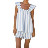 LIZAKOSHT - Striped Plaid 2 Piece Set Outfits Kawaii Loose Sleevless Tank Top Vest + Ruffles Hem Shorts Women Loungewear Matching Suit