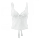 LIZAKOSHT - Sexy White V neck Low Ruched Bra Chest Tank Tops Women Tie Bow Sashes Zipper Back Crop Tank Girl Tee