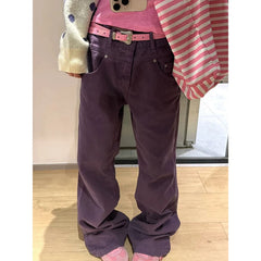 LIZAKOSHT - Autumn Winter Women's Purple High-Waisted Wide-Leg Jeans, Casual Loose-Fit Straight-Leg Denim Pants with Belt, Trendy Streetwear